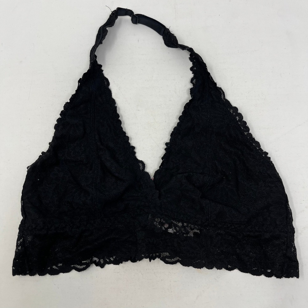 PINK Victoria's Secret Black Floral Lace Halter‎ Bralette Size Medium Hook Back